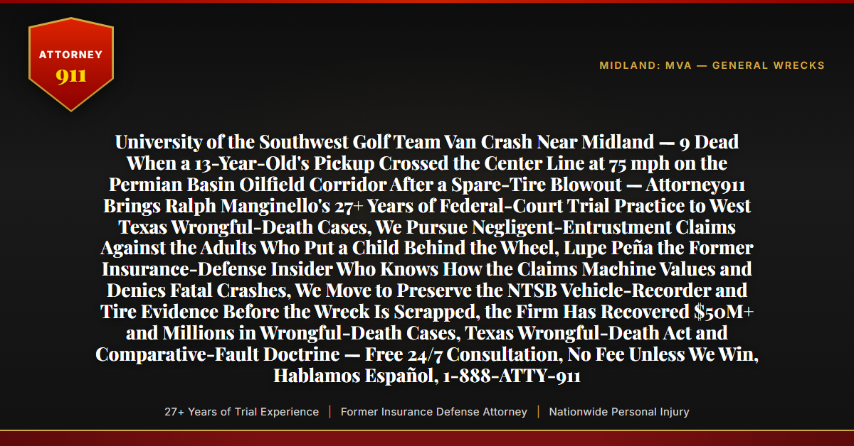 University of the Southwest Golf Team Van Crash Near Midland — 9 Dead When a 13-Year-Old's Pickup Crossed the Center Line at 75 mph on the Permian Basin Oilfield Corridor After a Spare-Tire Blowout — Attorney911 Brings Ralph Manginello's 27+ Years of Federal-Court Trial Practice to West Texas Wrongful-Death Cases, We Pursue Negligent-Entrustment Claims Against the Adults Who Put a Child Behind the Wheel, Lupe Peña the Former Insurance-Defense Insider Who Knows How the Claims Machine Values and Denies Fatal Crashes, We Move to Preserve the NTSB Vehicle-Recorder and Tire Evidence Before the Wreck Is Scrapped, the Firm Has Recovered $50M+ and Millions in Wrongful-Death Cases, Texas Wrongful-Death Act and Comparative-Fault Doctrine — Free 24/7 Consultation, No Fee Unless We Win, Hablamos Español, 1-888-ATTY-911 - Attorney911