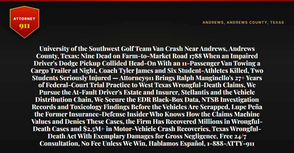 University of the Southwest Golf Team Van Crash Near Andrews, Andrews County, Texas: Nine Dead on Farm-to-Market Road 1788 When an Impaired Driver's Dodge Pickup Collided Head-On With an 11-Passenger Van Towing a Cargo Trailer at Night, Coach Tyler James and Six Student-Athletes Killed, Two Students Seriously Injured — Attorney911 Brings Ralph Manginello's 27+ Years of Federal-Court Trial Practice to West Texas Wrongful-Death Claims, We Pursue the At-Fault Driver's Estate and Insurer, Stellantis and the Vehicle Distribution Chain, We Secure the EDR Black-Box Data, NTSB Investigation Records and Toxicology Findings Before the Vehicles Are Scrapped, Lupe Peña the Former Insurance-Defense Insider Who Knows How the Claims Machine Values and Denies These Cases, the Firm Has Recovered Millions in Wrongful-Death Cases and $2.5M+ in Motor-Vehicle Crash Recoveries, Texas Wrongful-Death Act With Exemplary Damages for Gross Negligence, Free 24/7 Consultation, No Fee Unless We Win, Hablamos Español, 1-888-ATTY-911 - Attorney911