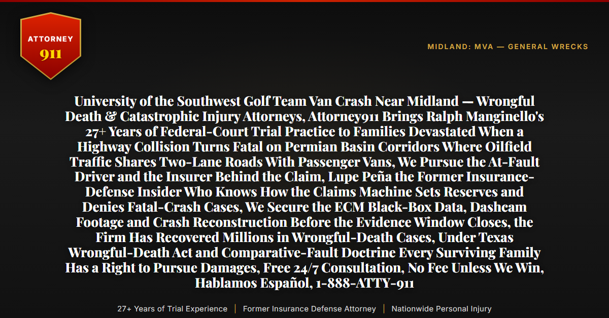 University of the Southwest Golf Team Van Crash Near Midland — Wrongful Death & Catastrophic Injury Attorneys, Attorney911 Brings Ralph Manginello's 27+ Years of Federal-Court Trial Practice to Families Devastated When a Highway Collision Turns Fatal on Permian Basin Corridors Where Oilfield Traffic Shares Two-Lane Roads With Passenger Vans, We Pursue the At-Fault Driver and the Insurer Behind the Claim, Lupe Peña the Former Insurance-Defense Insider Who Knows How the Claims Machine Sets Reserves and Denies Fatal-Crash Cases, We Secure the ECM Black-Box Data, Dashcam Footage and Crash Reconstruction Before the Evidence Window Closes, the Firm Has Recovered Millions in Wrongful-Death Cases, Under Texas Wrongful-Death Act and Comparative-Fault Doctrine Every Surviving Family Has a Right to Pursue Damages, Free 24/7 Consultation, No Fee Unless We Win, Hablamos Español, 1-888-ATTY-911 - Attorney911