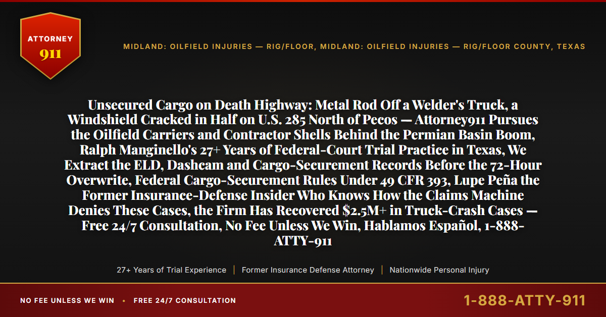 Unsecured Cargo on Death Highway: Metal Rod Off a Welder's Truck, a Windshield Cracked in Half on U.S. 285 North of Pecos — Attorney911 Pursues the Oilfield Carriers and Contractor Shells Behind the Permian Basin Boom, Ralph Manginello's 27+ Years of Federal-Court Trial Practice in Texas, We Extract the ELD, Dashcam and Cargo-Securement Records Before the 72-Hour Overwrite, Federal Cargo-Securement Rules Under 49 CFR 393, Lupe Peña the Former Insurance-Defense Insider Who Knows How the Claims Machine Denies These Cases, the Firm Has Recovered $2.5M+ in Truck-Crash Cases — Free 24/7 Consultation, No Fee Unless We Win, Hablamos Español, 1-888-ATTY-911 - Attorney911