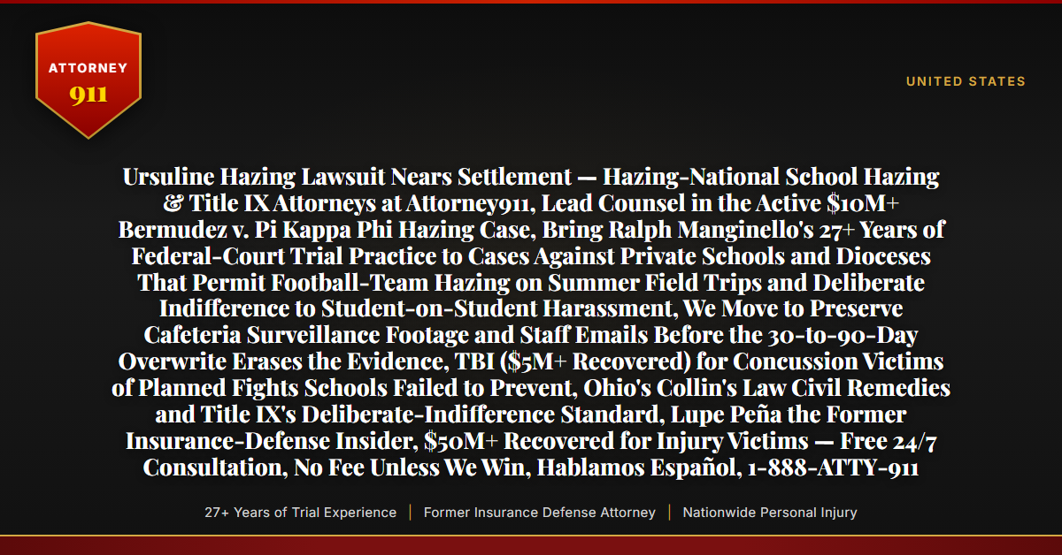 Ursuline Hazing Lawsuit Nears Settlement — Hazing-National School Hazing & Title IX Attorneys at Attorney911, Lead Counsel in the Active $10M+ Bermudez v. Pi Kappa Phi Hazing Case, Bring Ralph Manginello's 27+ Years of Federal-Court Trial Practice to Cases Against Private Schools and Dioceses That Permit Football-Team Hazing on Summer Field Trips and Deliberate Indifference to Student-on-Student Harassment, We Move to Preserve Cafeteria Surveillance Footage and Staff Emails Before the 30-to-90-Day Overwrite Erases the Evidence, TBI ($5M+ Recovered) for Concussion Victims of Planned Fights Schools Failed to Prevent, Ohio's Collin's Law Civil Remedies and Title IX's Deliberate-Indifference Standard, Lupe Peña the Former Insurance-Defense Insider, $50M+ Recovered for Injury Victims — Free 24/7 Consultation, No Fee Unless We Win, Hablamos Español, 1-888-ATTY-911 - Attorney911