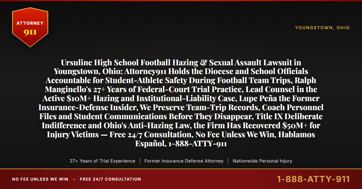 Ursuline High School Football Hazing & Sexual Assault Lawsuit in Youngstown, Ohio: Attorney911 Holds the Diocese and School Officials Accountable for Student-Athlete Safety During Football Team Trips, Ralph Manginello's 27+ Years of Federal-Court Trial Practice, Lead Counsel in the Active $10M+ Hazing and Institutional-Liability Case, Lupe Peña the Former Insurance-Defense Insider, We Preserve Team-Trip Records, Coach Personnel Files and Student Communications Before They Disappear, Title IX Deliberate Indifference and Ohio's Anti-Hazing Law, the Firm Has Recovered $50M+ for Injury Victims — Free 24/7 Consultation, No Fee Unless We Win, Hablamos Español, 1-888-ATTY-911 - Attorney911