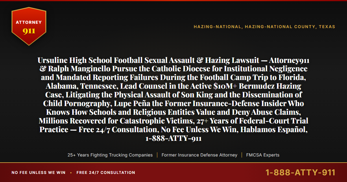 Ursuline High School Football Sexual Assault & Hazing Lawsuit — Attorney911 & Ralph Manginello Pursue the Catholic Diocese for Institutional Negligence and Mandated Reporting Failures During the Football Camp Trip to Florida, Alabama, Tennessee, Lead Counsel in the Active $10M+ Bermudez Hazing Case, Litigating the Physical Assault of Son King and the Dissemination of Child Pornography, Lupe Peña the Former Insurance-Defense Insider Who Knows How Schools and Religious Entities Value and Deny Abuse Claims, Millions Recovered for Catastrophic Victims, 27+ Years of Federal-Court Trial Practice — Free 24/7 Consultation, No Fee Unless We Win, Hablamos Español, 1-888-ATTY-911 - Attorney911