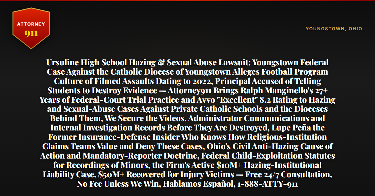 Ursuline High School Hazing & Sexual Abuse Lawsuit: Youngstown Federal Case Against the Catholic Diocese of Youngstown Alleges Football Program Culture of Filmed Assaults Dating to 2022, Principal Accused of Telling Students to Destroy Evidence — Attorney911 Brings Ralph Manginello's 27+ Years of Federal-Court Trial Practice and Avvo