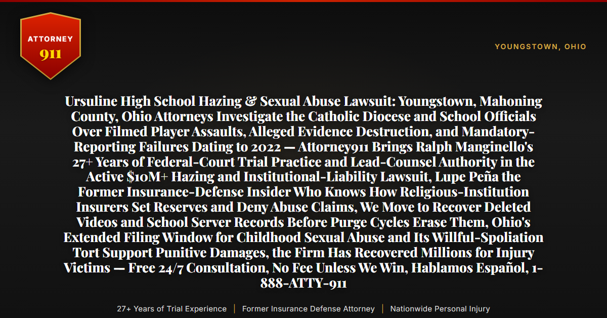 Ursuline High School Hazing & Sexual Abuse Lawsuit: Youngstown, Mahoning County, Ohio Attorneys Investigate the Catholic Diocese and School Officials Over Filmed Player Assaults, Alleged Evidence Destruction, and Mandatory-Reporting Failures Dating to 2022 — Attorney911 Brings Ralph Manginello's 27+ Years of Federal-Court Trial Practice and Lead-Counsel Authority in the Active $10M+ Hazing and Institutional-Liability Lawsuit, Lupe Peña the Former Insurance-Defense Insider Who Knows How Religious-Institution Insurers Set Reserves and Deny Abuse Claims, We Move to Recover Deleted Videos and School Server Records Before Purge Cycles Erase Them, Ohio's Extended Filing Window for Childhood Sexual Abuse and Its Willful-Spoliation Tort Support Punitive Damages, the Firm Has Recovered Millions for Injury Victims — Free 24/7 Consultation, No Fee Unless We Win, Hablamos Español, 1-888-ATTY-911 - Attorney911