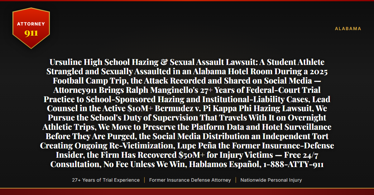 Ursuline High School Hazing & Sexual Assault Lawsuit: A Student Athlete Strangled and Sexually Assaulted in an Alabama Hotel Room During a 2025 Football Camp Trip, the Attack Recorded and Shared on Social Media — Attorney911 Brings Ralph Manginello's 27+ Years of Federal-Court Trial Practice to School-Sponsored Hazing and Institutional-Liability Cases, Lead Counsel in the Active $10M+ Bermudez v. Pi Kappa Phi Hazing Lawsuit, We Pursue the School's Duty of Supervision That Travels With It on Overnight Athletic Trips, We Move to Preserve the Platform Data and Hotel Surveillance Before They Are Purged, the Social Media Distribution an Independent Tort Creating Ongoing Re-Victimization, Lupe Peña the Former Insurance-Defense Insider, the Firm Has Recovered $50M+ for Injury Victims — Free 24/7 Consultation, No Fee Unless We Win, Hablamos Español, 1-888-ATTY-911 - Attorney911