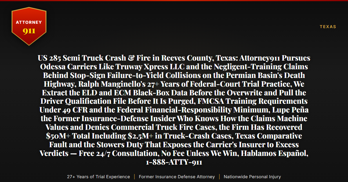 US 285 Semi Truck Crash & Fire in Reeves County, Texas: Attorney911 Pursues Odessa Carriers Like Truway Xpress LLC and the Negligent-Training Claims Behind Stop-Sign Failure-to-Yield Collisions on the Permian Basin's Death Highway, Ralph Manginello's 27+ Years of Federal-Court Trial Practice, We Extract the ELD and ECM Black-Box Data Before the Overwrite and Pull the Driver Qualification File Before It Is Purged, FMCSA Training Requirements Under 49 CFR and the Federal Financial-Responsibility Minimum, Lupe Peña the Former Insurance-Defense Insider Who Knows How the Claims Machine Values and Denies Commercial Truck Fire Cases, the Firm Has Recovered $50M+ Total Including $2.5M+ in Truck-Crash Cases, Texas Comparative Fault and the Stowers Duty That Exposes the Carrier's Insurer to Excess Verdicts — Free 24/7 Consultation, No Fee Unless We Win, Hablamos Español, 1-888-ATTY-911 - Attorney911