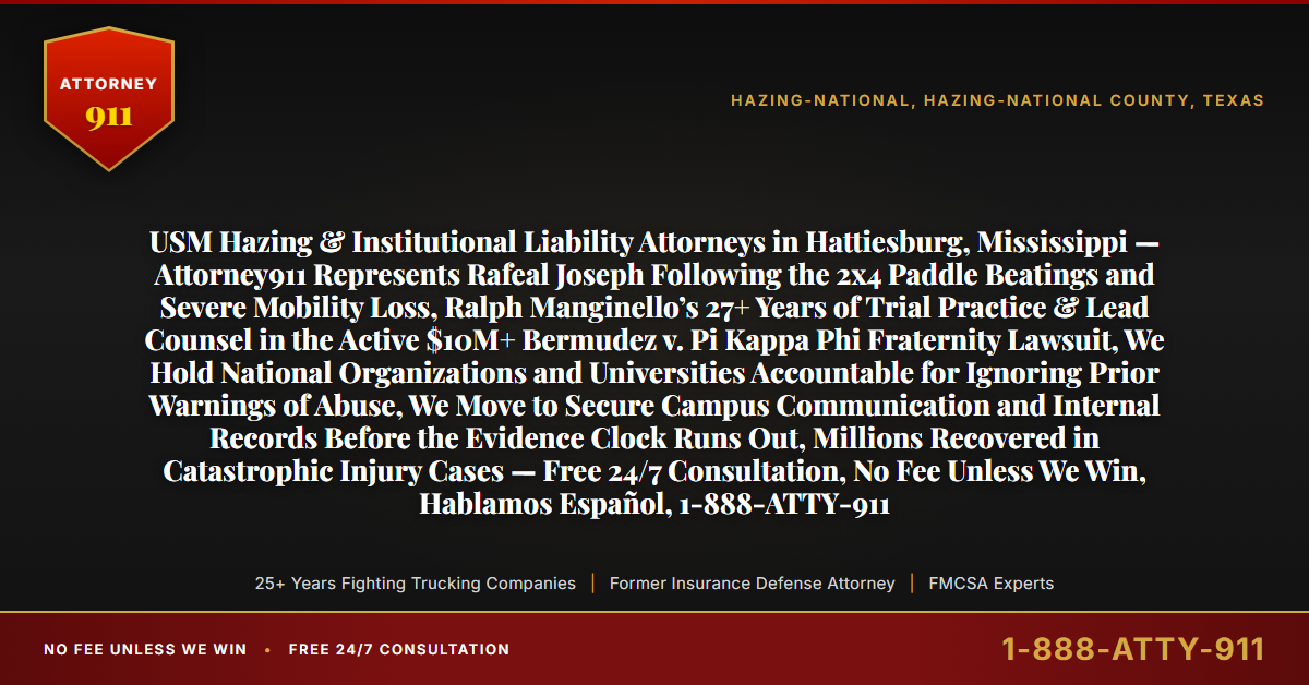 USM Hazing & Institutional Liability Attorneys in Hattiesburg, Mississippi — Attorney911 Represents Rafeal Joseph Following the 2x4 Paddle Beatings and Severe Mobility Loss, Ralph Manginello’s 27+ Years of Trial Practice & Lead Counsel in the Active $10M+ Bermudez v. Pi Kappa Phi Fraternity Lawsuit, We Hold National Organizations and Universities Accountable for Ignoring Prior Warnings of Abuse, We Move to Secure Campus Communication and Internal Records Before the Evidence Clock Runs Out, Millions Recovered in Catastrophic Injury Cases — Free 24/7 Consultation, No Fee Unless We Win, Hablamos Español, 1-888-ATTY-911 - Attorney911