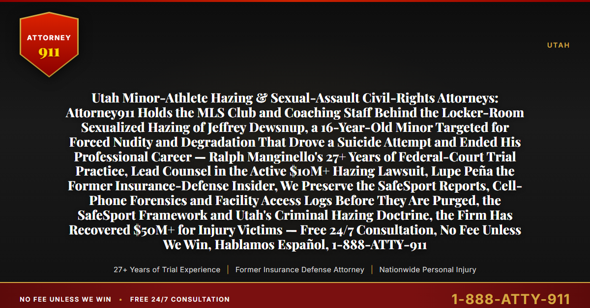 Utah Minor-Athlete Hazing & Sexual-Assault Civil-Rights Attorneys: Attorney911 Holds the MLS Club and Coaching Staff Behind the Locker-Room Sexualized Hazing of Jeffrey Dewsnup, a 16-Year-Old Minor Targeted for Forced Nudity and Degradation That Drove a Suicide Attempt and Ended His Professional Career — Ralph Manginello's 27+ Years of Federal-Court Trial Practice, Lead Counsel in the Active $10M+ Hazing Lawsuit, Lupe Peña the Former Insurance-Defense Insider, We Preserve the SafeSport Reports, Cell-Phone Forensics and Facility Access Logs Before They Are Purged, the SafeSport Framework and Utah's Criminal Hazing Doctrine, the Firm Has Recovered $50M+ for Injury Victims — Free 24/7 Consultation, No Fee Unless We Win, Hablamos Español, 1-888-ATTY-911 - Attorney911