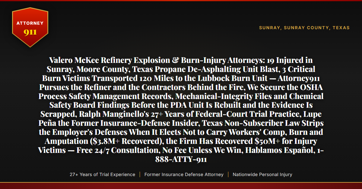 Valero McKee Refinery Explosion & Burn-Injury Attorneys: 19 Injured in Sunray, Moore County, Texas Propane De-Asphalting Unit Blast, 3 Critical Burn Victims Transported 120 Miles to the Lubbock Burn Unit — Attorney911 Pursues the Refiner and the Contractors Behind the Fire, We Secure the OSHA Process Safety Management Records, Mechanical-Integrity Files and Chemical Safety Board Findings Before the PDA Unit Is Rebuilt and the Evidence Is Scrapped, Ralph Manginello's 27+ Years of Federal-Court Trial Practice, Lupe Peña the Former Insurance-Defense Insider, Texas Non-Subscriber Law Strips the Employer's Defenses When It Elects Not to Carry Workers' Comp, Burn and Amputation ($3.8M+ Recovered), the Firm Has Recovered $50M+ for Injury Victims — Free 24/7 Consultation, No Fee Unless We Win, Hablamos Español, 1-888-ATTY-911 - Attorney911