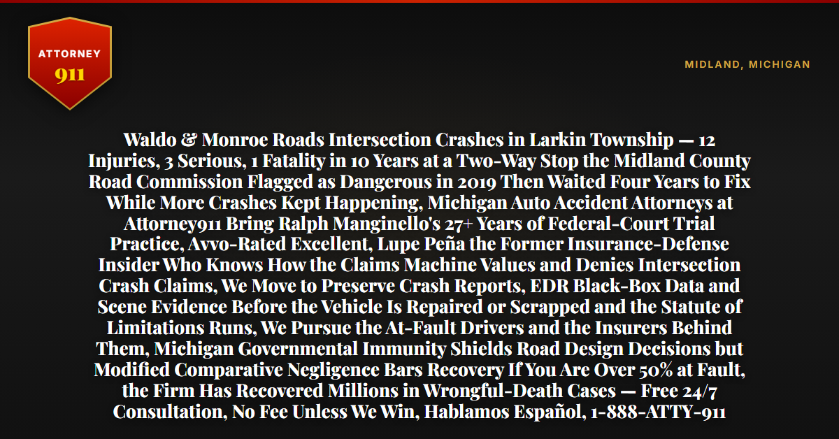 Waldo & Monroe Roads Intersection Crashes in Larkin Township — 12 Injuries, 3 Serious, 1 Fatality in 10 Years at a Two-Way Stop the Midland County Road Commission Flagged as Dangerous in 2019 Then Waited Four Years to Fix While More Crashes Kept Happening, Michigan Auto Accident Attorneys at Attorney911 Bring Ralph Manginello's 27+ Years of Federal-Court Trial Practice, Avvo-Rated Excellent, Lupe Peña the Former Insurance-Defense Insider Who Knows How the Claims Machine Values and Denies Intersection Crash Claims, We Move to Preserve Crash Reports, EDR Black-Box Data and Scene Evidence Before the Vehicle Is Repaired or Scrapped and the Statute of Limitations Runs, We Pursue the At-Fault Drivers and the Insurers Behind Them, Michigan Governmental Immunity Shields Road Design Decisions but Modified Comparative Negligence Bars Recovery If You Are Over 50% at Fault, the Firm Has Recovered Millions in Wrongful-Death Cases — Free 24/7 Consultation, No Fee Unless We Win, Hablamos Español, 1-888-ATTY-911 - Attorney911