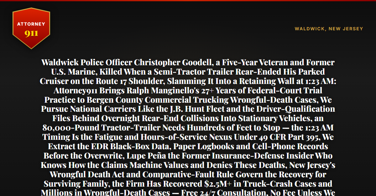 Waldwick Police Officer Christopher Goodell, a Five-Year Veteran and Former U.S. Marine, Killed When a Semi-Tractor Trailer Rear-Ended His Parked Cruiser on the Route 17 Shoulder, Slamming It Into a Retaining Wall at 1:23 AM: Attorney911 Brings Ralph Manginello's 27+ Years of Federal-Court Trial Practice to Bergen County Commercial Trucking Wrongful-Death Cases, We Pursue National Carriers Like the J.B. Hunt Fleet and the Driver-Qualification Files Behind Overnight Rear-End Collisions Into Stationary Vehicles, an 80,000-Pound Tractor-Trailer Needs Hundreds of Feet to Stop — the 1:23 AM Timing Is the Fatigue and Hours-of-Service Nexus Under 49 CFR Part 395, We Extract the EDR Black-Box Data, Paper Logbooks and Cell-Phone Records Before the Overwrite, Lupe Peña the Former Insurance-Defense Insider Who Knows How the Claims Machine Values and Denies These Deaths, New Jersey's Wrongful Death Act and Comparative-Fault Rule Govern the Recovery for Surviving Family, the Firm Has Recovered $2.5M+ in Truck-Crash Cases and Millions in Wrongful-Death Cases — Free 24/7 Consultation, No Fee Unless We Win, Hablamos Español, 1-888-ATTY-911 - Attorney911