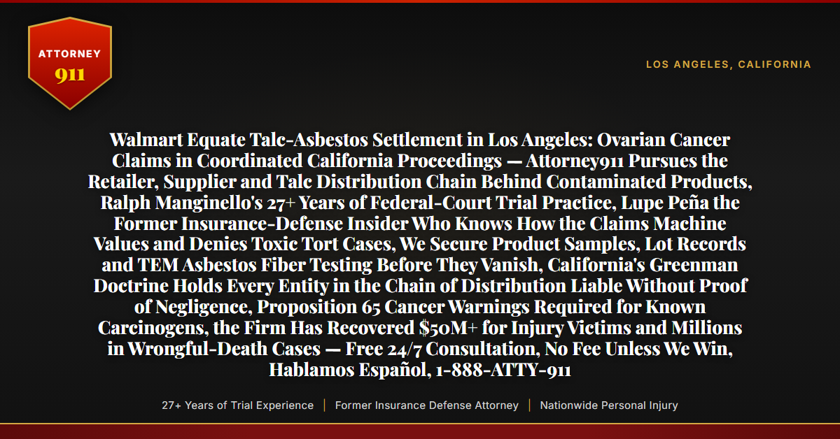 Walmart Equate Talc-Asbestos Settlement in Los Angeles: Ovarian Cancer Claims in Coordinated California Proceedings — Attorney911 Pursues the Retailer, Supplier and Talc Distribution Chain Behind Contaminated Products, Ralph Manginello's 27+ Years of Federal-Court Trial Practice, Lupe Peña the Former Insurance-Defense Insider Who Knows How the Claims Machine Values and Denies Toxic Tort Cases, We Secure Product Samples, Lot Records and TEM Asbestos Fiber Testing Before They Vanish, California's Greenman Doctrine Holds Every Entity in the Chain of Distribution Liable Without Proof of Negligence, Proposition 65 Cancer Warnings Required for Known Carcinogens, the Firm Has Recovered $50M+ for Injury Victims and Millions in Wrongful-Death Cases — Free 24/7 Consultation, No Fee Unless We Win, Hablamos Español, 1-888-ATTY-911 - Attorney911