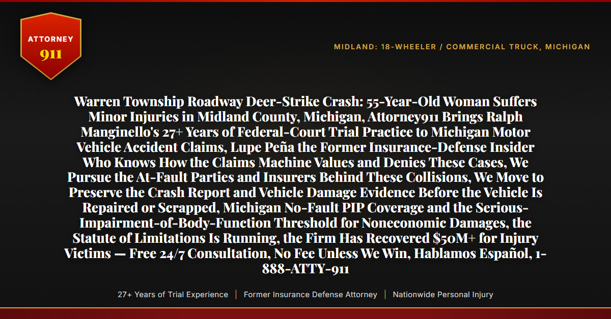 Warren Township Roadway Deer-Strike Crash: 55-Year-Old Woman Suffers Minor Injuries in Midland County, Michigan, Attorney911 Brings Ralph Manginello's 27+ Years of Federal-Court Trial Practice to Michigan Motor Vehicle Accident Claims, Lupe Peña the Former Insurance-Defense Insider Who Knows How the Claims Machine Values and Denies These Cases, We Pursue the At-Fault Parties and Insurers Behind These Collisions, We Move to Preserve the Crash Report and Vehicle Damage Evidence Before the Vehicle Is Repaired or Scrapped, Michigan No-Fault PIP Coverage and the Serious-Impairment-of-Body-Function Threshold for Noneconomic Damages, the Statute of Limitations Is Running, the Firm Has Recovered $50M+ for Injury Victims — Free 24/7 Consultation, No Fee Unless We Win, Hablamos Español, 1-888-ATTY-911 - Attorney911
