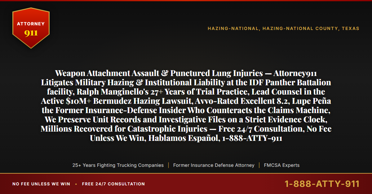 Weapon Attachment Assault & Punctured Lung Injuries — Attorney911 Litigates Military Hazing & Institutional Liability at the IDF Panther Battalion facility, Ralph Manginello's 27+ Years of Trial Practice, Lead Counsel in the Active $10M+ Bermudez Hazing Lawsuit, Avvo-Rated Excellent 8.2, Lupe Peña the Former Insurance-Defense Insider Who Counteracts the Claims Machine, We Preserve Unit Records and Investigative Files on a Strict Evidence Clock, Millions Recovered for Catastrophic Injuries — Free 24/7 Consultation, No Fee Unless We Win, Hablamos Español, 1-888-ATTY-911 - Attorney911
