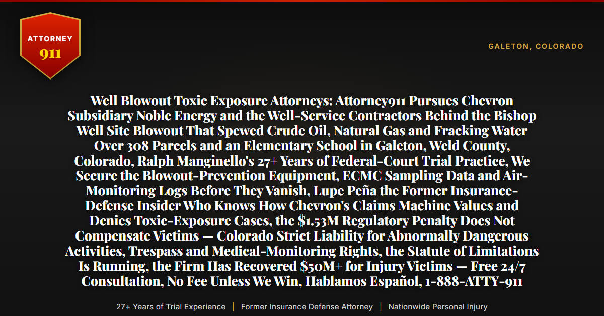 Well Blowout Toxic Exposure Attorneys: Attorney911 Pursues Chevron Subsidiary Noble Energy and the Well-Service Contractors Behind the Bishop Well Site Blowout That Spewed Crude Oil, Natural Gas and Fracking Water Over 308 Parcels and an Elementary School in Galeton, Weld County, Colorado, Ralph Manginello's 27+ Years of Federal-Court Trial Practice, We Secure the Blowout-Prevention Equipment, ECMC Sampling Data and Air-Monitoring Logs Before They Vanish, Lupe Peña the Former Insurance-Defense Insider Who Knows How Chevron's Claims Machine Values and Denies Toxic-Exposure Cases, the $1.53M Regulatory Penalty Does Not Compensate Victims — Colorado Strict Liability for Abnormally Dangerous Activities, Trespass and Medical-Monitoring Rights, the Statute of Limitations Is Running, the Firm Has Recovered $50M+ for Injury Victims — Free 24/7 Consultation, No Fee Unless We Win, Hablamos Español, 1-888-ATTY-911 - Attorney911
