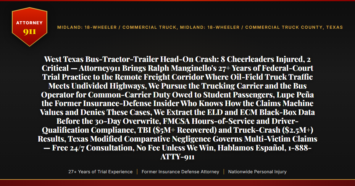 West Texas Bus-Tractor-Trailer Head-On Crash: 8 Cheerleaders Injured, 2 Critical — Attorney911 Brings Ralph Manginello's 27+ Years of Federal-Court Trial Practice to the Remote Freight Corridor Where Oil-Field Truck Traffic Meets Undivided Highways, We Pursue the Trucking Carrier and the Bus Operator for Common-Carrier Duty Owed to Student Passengers, Lupe Peña the Former Insurance-Defense Insider Who Knows How the Claims Machine Values and Denies These Cases, We Extract the ELD and ECM Black-Box Data Before the 30-Day Overwrite, FMCSA Hours-of-Service and Driver-Qualification Compliance, TBI ($5M+ Recovered) and Truck-Crash ($2.5M+) Results, Texas Modified Comparative Negligence Governs Multi-Victim Claims — Free 24/7 Consultation, No Fee Unless We Win, Hablamos Español, 1-888-ATTY-911 - Attorney911