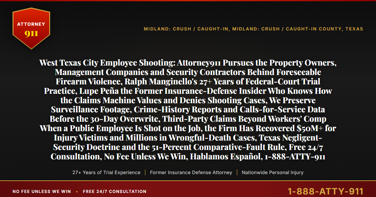 West Texas City Employee Shooting: Attorney911 Pursues the Property Owners, Management Companies and Security Contractors Behind Foreseeable Firearm Violence, Ralph Manginello's 27+ Years of Federal-Court Trial Practice, Lupe Peña the Former Insurance-Defense Insider Who Knows How the Claims Machine Values and Denies Shooting Cases, We Preserve Surveillance Footage, Crime-History Reports and Calls-for-Service Data Before the 30-Day Overwrite, Third-Party Claims Beyond Workers' Comp When a Public Employee Is Shot on the Job, the Firm Has Recovered $50M+ for Injury Victims and Millions in Wrongful-Death Cases, Texas Negligent-Security Doctrine and the 51-Percent Comparative-Fault Rule, Free 24/7 Consultation, No Fee Unless We Win, Hablamos Español, 1-888-ATTY-911 - Attorney911