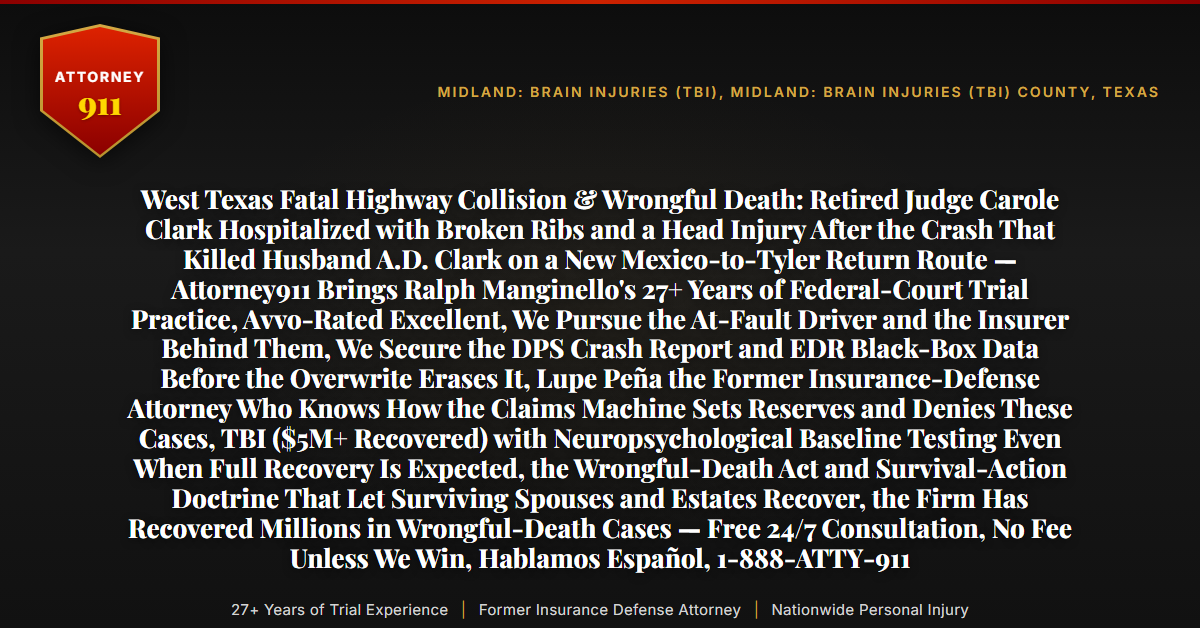West Texas Fatal Highway Collision & Wrongful Death: Retired Judge Carole Clark Hospitalized with Broken Ribs and a Head Injury After the Crash That Killed Husband A.D. Clark on a New Mexico-to-Tyler Return Route — Attorney911 Brings Ralph Manginello's 27+ Years of Federal-Court Trial Practice, Avvo-Rated Excellent, We Pursue the At-Fault Driver and the Insurer Behind Them, We Secure the DPS Crash Report and EDR Black-Box Data Before the Overwrite Erases It, Lupe Peña the Former Insurance-Defense Attorney Who Knows How the Claims Machine Sets Reserves and Denies These Cases, TBI ($5M+ Recovered) with Neuropsychological Baseline Testing Even When Full Recovery Is Expected, the Wrongful-Death Act and Survival-Action Doctrine That Let Surviving Spouses and Estates Recover, the Firm Has Recovered Millions in Wrongful-Death Cases — Free 24/7 Consultation, No Fee Unless We Win, Hablamos Español, 1-888-ATTY-911 - Attorney911