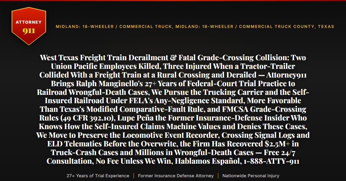 West Texas Freight Train Derailment & Fatal Grade-Crossing Collision: Two Union Pacific Employees Killed, Three Injured When a Tractor-Trailer Collided With a Freight Train at a Rural Crossing and Derailed — Attorney911 Brings Ralph Manginello's 27+ Years of Federal-Court Trial Practice to Railroad Wrongful-Death Cases, We Pursue the Trucking Carrier and the Self-Insured Railroad Under FELA's Any-Negligence Standard, More Favorable Than Texas's Modified Comparative-Fault Rule, and FMCSA Grade-Crossing Rules (49 CFR 392.10), Lupe Peña the Former Insurance-Defense Insider Who Knows How the Self-Insured Claims Machine Values and Denies These Cases, We Move to Preserve the Locomotive Event Recorder, Crossing Signal Logs and ELD Telematics Before the Overwrite, the Firm Has Recovered $2.5M+ in Truck-Crash Cases and Millions in Wrongful-Death Cases — Free 24/7 Consultation, No Fee Unless We Win, Hablamos Español, 1-888-ATTY-911 - Attorney911