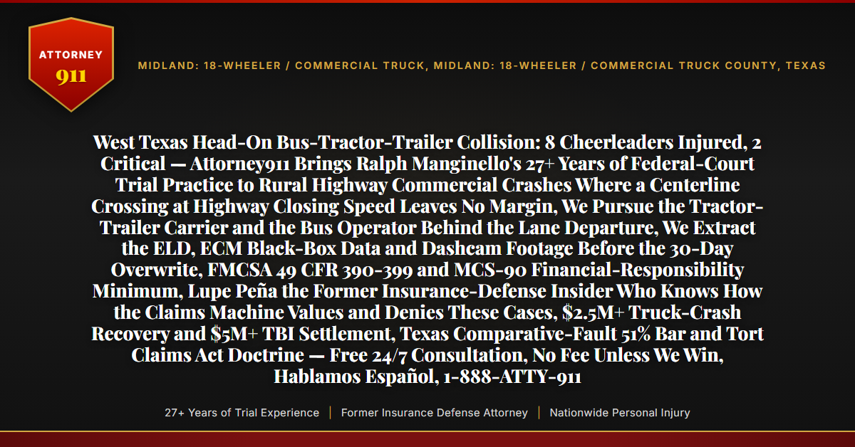 West Texas Head-On Bus-Tractor-Trailer Collision: 8 Cheerleaders Injured, 2 Critical — Attorney911 Brings Ralph Manginello's 27+ Years of Federal-Court Trial Practice to Rural Highway Commercial Crashes Where a Centerline Crossing at Highway Closing Speed Leaves No Margin, We Pursue the Tractor-Trailer Carrier and the Bus Operator Behind the Lane Departure, We Extract the ELD, ECM Black-Box Data and Dashcam Footage Before the 30-Day Overwrite, FMCSA 49 CFR 390-399 and MCS-90 Financial-Responsibility Minimum, Lupe Peña the Former Insurance-Defense Insider Who Knows How the Claims Machine Values and Denies These Cases, $2.5M+ Truck-Crash Recovery and $5M+ TBI Settlement, Texas Comparative-Fault 51% Bar and Tort Claims Act Doctrine — Free 24/7 Consultation, No Fee Unless We Win, Hablamos Español, 1-888-ATTY-911 - Attorney911