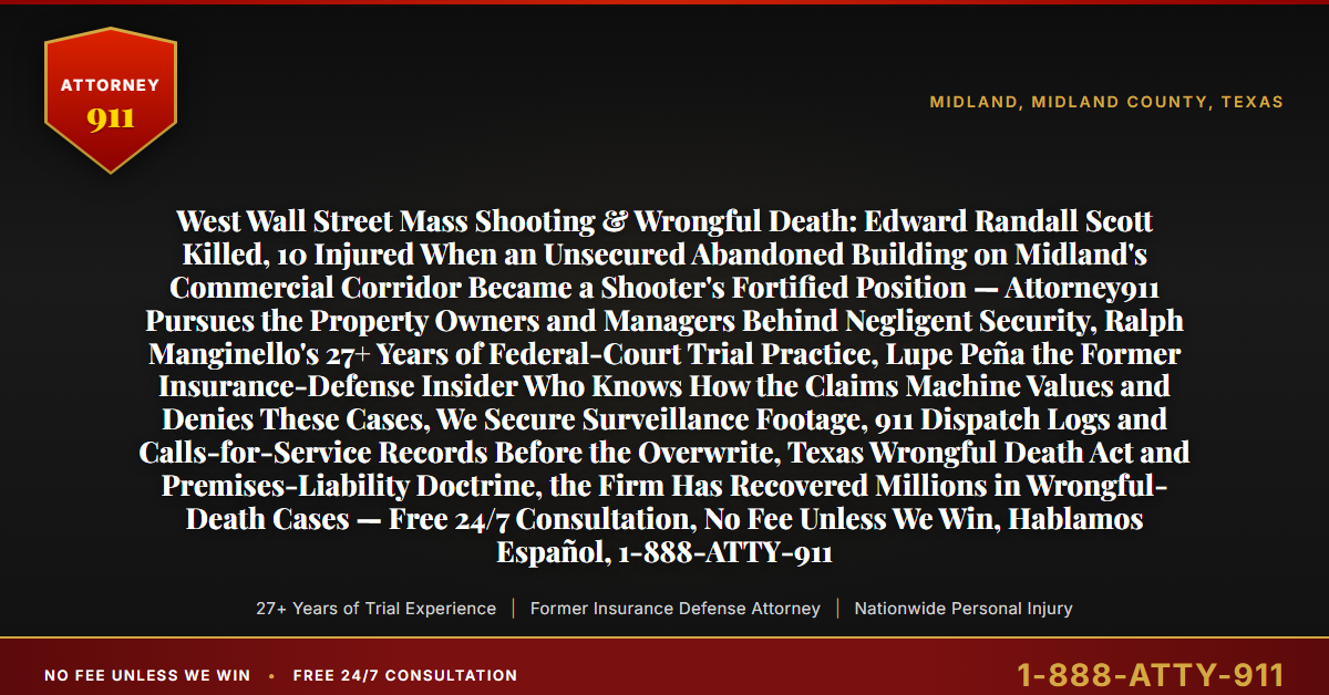 West Wall Street Mass Shooting & Wrongful Death: Edward Randall Scott Killed, 10 Injured When an Unsecured Abandoned Building on Midland's Commercial Corridor Became a Shooter's Fortified Position — Attorney911 Pursues the Property Owners and Managers Behind Negligent Security, Ralph Manginello's 27+ Years of Federal-Court Trial Practice, Lupe Peña the Former Insurance-Defense Insider Who Knows How the Claims Machine Values and Denies These Cases, We Secure Surveillance Footage, 911 Dispatch Logs and Calls-for-Service Records Before the Overwrite, Texas Wrongful Death Act and Premises-Liability Doctrine, the Firm Has Recovered Millions in Wrongful-Death Cases — Free 24/7 Consultation, No Fee Unless We Win, Hablamos Español, 1-888-ATTY-911 - Attorney911