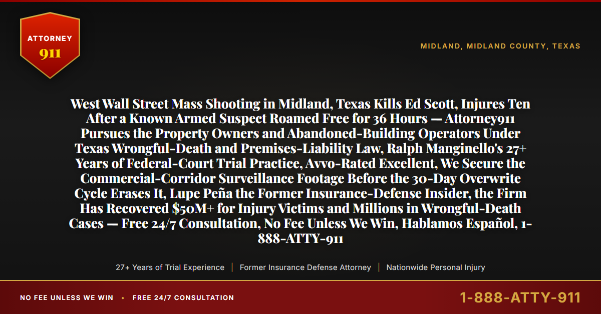 West Wall Street Mass Shooting in Midland, Texas Kills Ed Scott, Injures Ten After a Known Armed Suspect Roamed Free for 36 Hours — Attorney911 Pursues the Property Owners and Abandoned-Building Operators Under Texas Wrongful-Death and Premises-Liability Law, Ralph Manginello's 27+ Years of Federal-Court Trial Practice, Avvo-Rated Excellent, We Secure the Commercial-Corridor Surveillance Footage Before the 30-Day Overwrite Cycle Erases It, Lupe Peña the Former Insurance-Defense Insider, the Firm Has Recovered $50M+ for Injury Victims and Millions in Wrongful-Death Cases — Free 24/7 Consultation, No Fee Unless We Win, Hablamos Español, 1-888-ATTY-911 - Attorney911