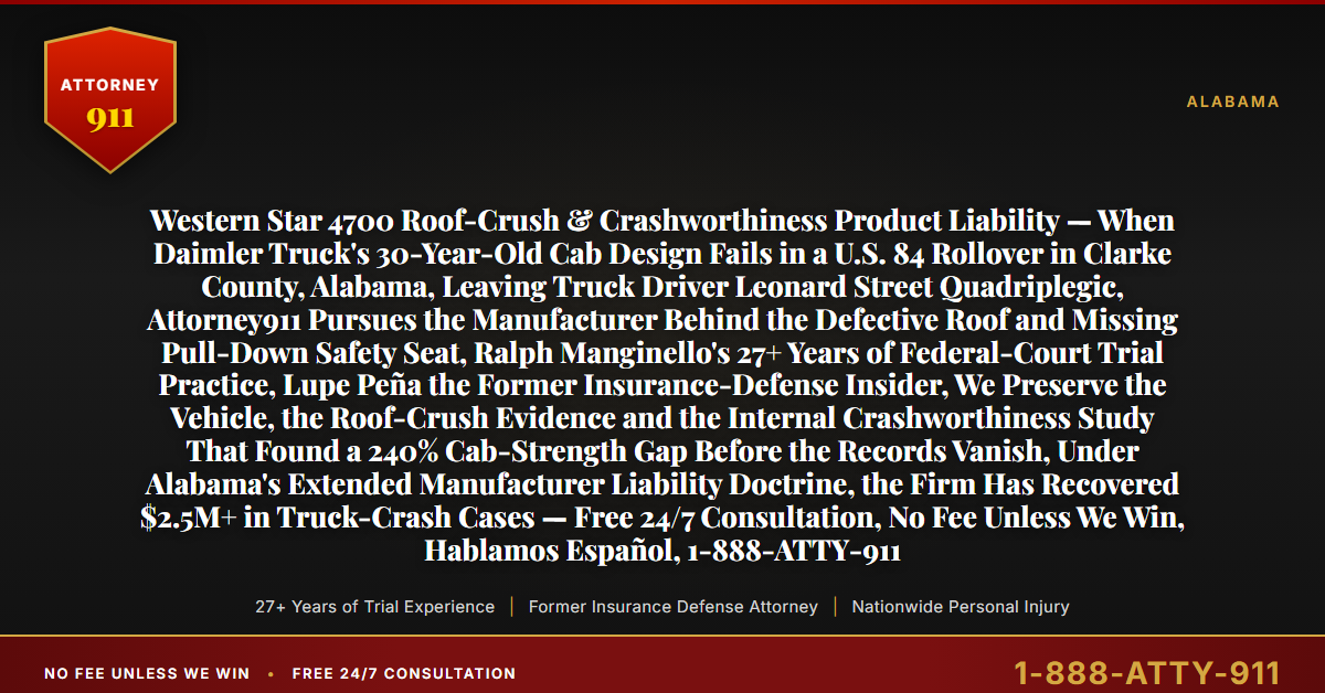 Western Star 4700 Roof-Crush & Crashworthiness Product Liability — When Daimler Truck's 30-Year-Old Cab Design Fails in a U.S. 84 Rollover in Clarke County, Alabama, Leaving Truck Driver Leonard Street Quadriplegic, Attorney911 Pursues the Manufacturer Behind the Defective Roof and Missing Pull-Down Safety Seat, Ralph Manginello's 27+ Years of Federal-Court Trial Practice, Lupe Peña the Former Insurance-Defense Insider, We Preserve the Vehicle, the Roof-Crush Evidence and the Internal Crashworthiness Study That Found a 240% Cab-Strength Gap Before the Records Vanish, Under Alabama's Extended Manufacturer Liability Doctrine, the Firm Has Recovered $2.5M+ in Truck-Crash Cases — Free 24/7 Consultation, No Fee Unless We Win, Hablamos Español, 1-888-ATTY-911 - Attorney911