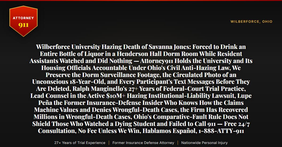 Wilberforce University Hazing Death of Savanna Jones: Forced to Drink an Entire Bottle of Liquor in a Henderson Hall Dorm Room While Resident Assistants Watched and Did Nothing — Attorney911 Holds the University and Its Housing Officials Accountable Under Ohio's Civil Anti-Hazing Law, We Preserve the Dorm Surveillance Footage, the Circulated Photo of an Unconscious 18-Year-Old, and Every Participant's Text Messages Before They Are Deleted, Ralph Manginello's 27+ Years of Federal-Court Trial Practice, Lead Counsel in the Active $10M+ Hazing Institutional-Liability Lawsuit, Lupe Peña the Former Insurance-Defense Insider Who Knows How the Claims Machine Values and Denies Wrongful-Death Cases, the Firm Has Recovered Millions in Wrongful-Death Cases, Ohio's Comparative-Fault Rule Does Not Shield Those Who Watched a Dying Student and Failed to Call 911 — Free 24/7 Consultation, No Fee Unless We Win, Hablamos Español, 1-888-ATTY-911 - Attorney911
