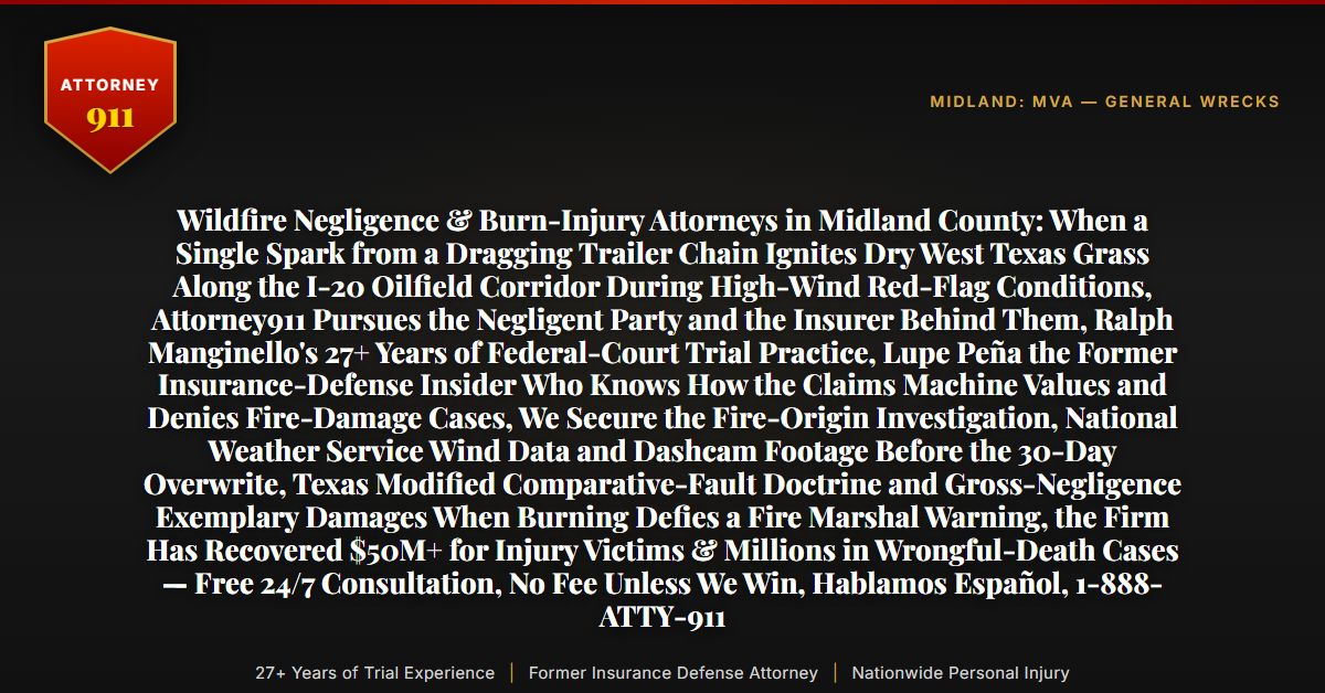 Wildfire Negligence & Burn-Injury Attorneys in Midland County: When a Single Spark from a Dragging Trailer Chain Ignites Dry West Texas Grass Along the I-20 Oilfield Corridor During High-Wind Red-Flag Conditions, Attorney911 Pursues the Negligent Party and the Insurer Behind Them, Ralph Manginello's 27+ Years of Federal-Court Trial Practice, Lupe Peña the Former Insurance-Defense Insider Who Knows How the Claims Machine Values and Denies Fire-Damage Cases, We Secure the Fire-Origin Investigation, National Weather Service Wind Data and Dashcam Footage Before the 30-Day Overwrite, Texas Modified Comparative-Fault Doctrine and Gross-Negligence Exemplary Damages When Burning Defies a Fire Marshal Warning, the Firm Has Recovered $50M+ for Injury Victims & Millions in Wrongful-Death Cases — Free 24/7 Consultation, No Fee Unless We Win, Hablamos Español, 1-888-ATTY-911 - Attorney911