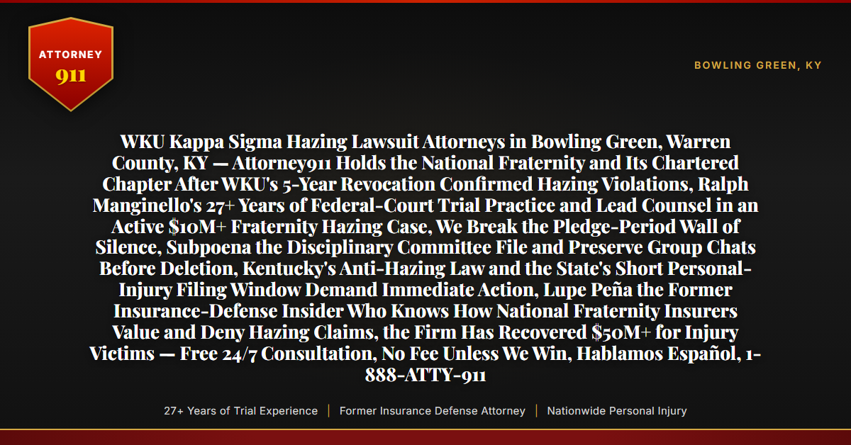 WKU Kappa Sigma Hazing Lawsuit Attorneys in Bowling Green, Warren County, KY — Attorney911 Holds the National Fraternity and Its Chartered Chapter After WKU's 5-Year Revocation Confirmed Hazing Violations, Ralph Manginello's 27+ Years of Federal-Court Trial Practice and Lead Counsel in an Active $10M+ Fraternity Hazing Case, We Break the Pledge-Period Wall of Silence, Subpoena the Disciplinary Committee File and Preserve Group Chats Before Deletion, Kentucky's Anti-Hazing Law and the State's Short Personal-Injury Filing Window Demand Immediate Action, Lupe Peña the Former Insurance-Defense Insider Who Knows How National Fraternity Insurers Value and Deny Hazing Claims, the Firm Has Recovered $50M+ for Injury Victims — Free 24/7 Consultation, No Fee Unless We Win, Hablamos Español, 1-888-ATTY-911 - Attorney911