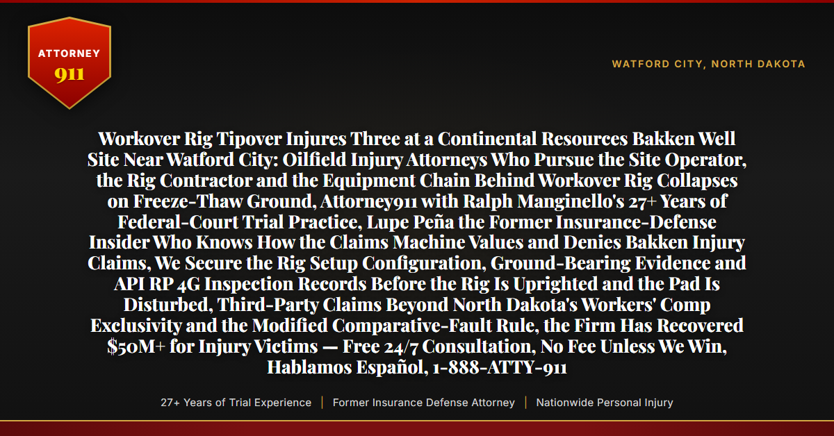 Workover Rig Tipover Injures Three at a Continental Resources Bakken Well Site Near Watford City: Oilfield Injury Attorneys Who Pursue the Site Operator, the Rig Contractor and the Equipment Chain Behind Workover Rig Collapses on Freeze-Thaw Ground, Attorney911 with Ralph Manginello's 27+ Years of Federal-Court Trial Practice, Lupe Peña the Former Insurance-Defense Insider Who Knows How the Claims Machine Values and Denies Bakken Injury Claims, We Secure the Rig Setup Configuration, Ground-Bearing Evidence and API RP 4G Inspection Records Before the Rig Is Uprighted and the Pad Is Disturbed, Third-Party Claims Beyond North Dakota's Workers' Comp Exclusivity and the Modified Comparative-Fault Rule, the Firm Has Recovered $50M+ for Injury Victims — Free 24/7 Consultation, No Fee Unless We Win, Hablamos Español, 1-888-ATTY-911 - Attorney911