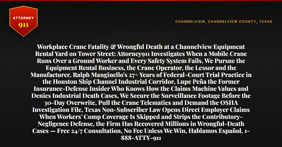 Workplace Crane Fatality & Wrongful Death at a Channelview Equipment Rental Yard on Tower Street: Attorney911 Investigates When a Mobile Crane Runs Over a Ground Worker and Every Safety System Fails, We Pursue the Equipment Rental Business, the Crane Operator, the Lessor and the Manufacturer, Ralph Manginello's 27+ Years of Federal-Court Trial Practice in the Houston Ship Channel Industrial Corridor, Lupe Peña the Former Insurance-Defense Insider Who Knows How the Claims Machine Values and Denies Industrial Death Cases, We Secure the Surveillance Footage Before the 30-Day Overwrite, Pull the Crane Telematics and Demand the OSHA Investigation File, Texas Non-Subscriber Law Opens Direct Employer Claims When Workers' Comp Coverage Is Skipped and Strips the Contributory-Negligence Defense, the Firm Has Recovered Millions in Wrongful-Death Cases — Free 24/7 Consultation, No Fee Unless We Win, Hablamos Español, 1-888-ATTY-911 - Attorney911