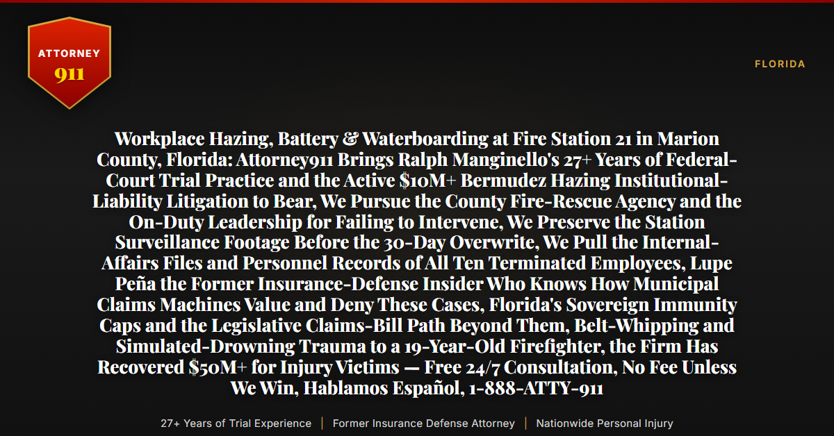 Workplace Hazing, Battery & Waterboarding at Fire Station 21 in Marion County, Florida: Attorney911 Brings Ralph Manginello's 27+ Years of Federal-Court Trial Practice and the Active $10M+ Bermudez Hazing Institutional-Liability Litigation to Bear, We Pursue the County Fire-Rescue Agency and the On-Duty Leadership for Failing to Intervene, We Preserve the Station Surveillance Footage Before the 30-Day Overwrite, We Pull the Internal-Affairs Files and Personnel Records of All Ten Terminated Employees, Lupe Peña the Former Insurance-Defense Insider Who Knows How Municipal Claims Machines Value and Deny These Cases, Florida's Sovereign Immunity Caps and the Legislative Claims-Bill Path Beyond Them, Belt-Whipping and Simulated-Drowning Trauma to a 19-Year-Old Firefighter, the Firm Has Recovered $50M+ for Injury Victims — Free 24/7 Consultation, No Fee Unless We Win, Hablamos Español, 1-888-ATTY-911 - Attorney911