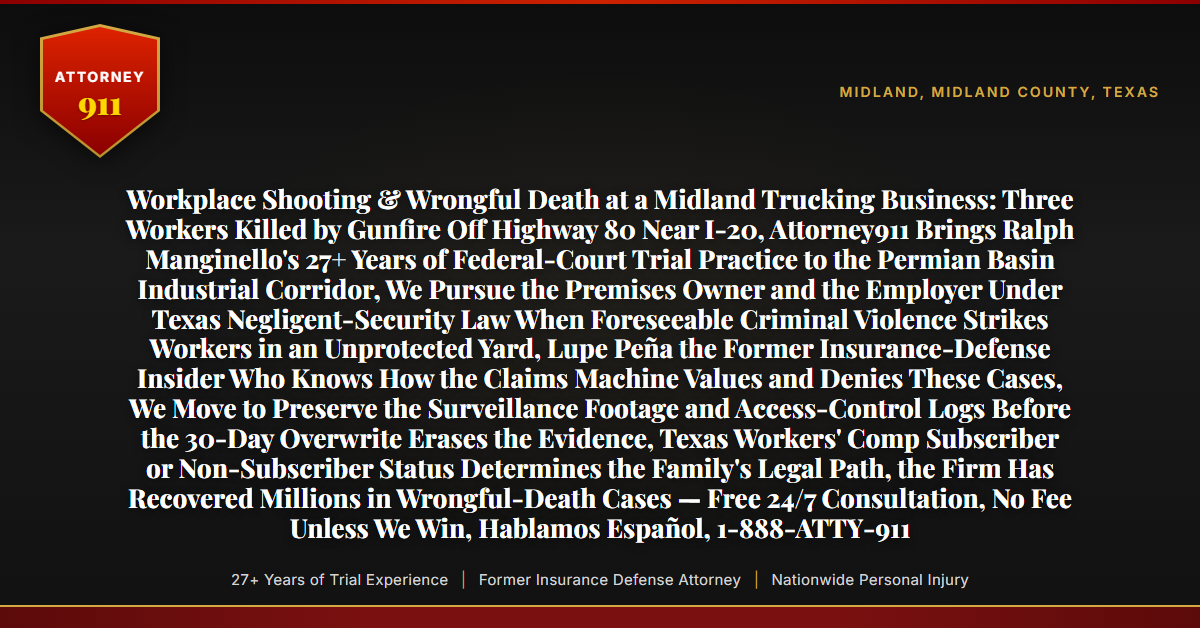 Workplace Shooting & Wrongful Death at a Midland Trucking Business: Three Workers Killed by Gunfire Off Highway 80 Near I-20, Attorney911 Brings Ralph Manginello's 27+ Years of Federal-Court Trial Practice to the Permian Basin Industrial Corridor, We Pursue the Premises Owner and the Employer Under Texas Negligent-Security Law When Foreseeable Criminal Violence Strikes Workers in an Unprotected Yard, Lupe Peña the Former Insurance-Defense Insider Who Knows How the Claims Machine Values and Denies These Cases, We Move to Preserve the Surveillance Footage and Access-Control Logs Before the 30-Day Overwrite Erases the Evidence, Texas Workers' Comp Subscriber or Non-Subscriber Status Determines the Family's Legal Path, the Firm Has Recovered Millions in Wrongful-Death Cases — Free 24/7 Consultation, No Fee Unless We Win, Hablamos Español, 1-888-ATTY-911 - Attorney911