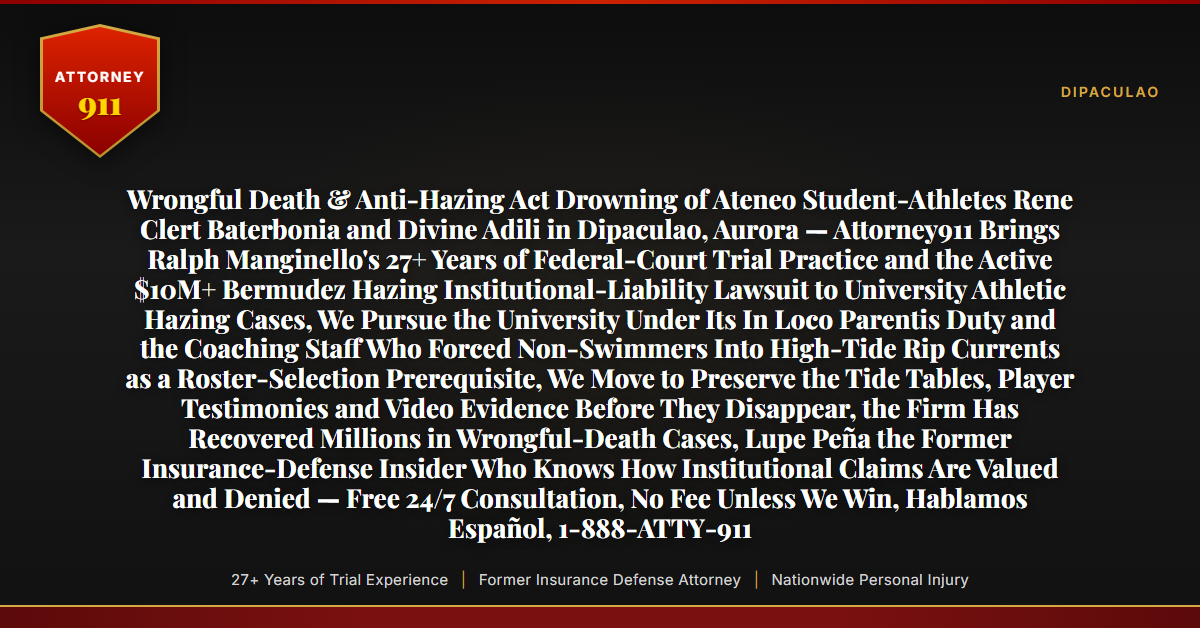 Wrongful Death & Anti-Hazing Act Drowning of Ateneo Student-Athletes Rene Clert Baterbonia and Divine Adili in Dipaculao, Aurora — Attorney911 Brings Ralph Manginello's 27+ Years of Federal-Court Trial Practice and the Active $10M+ Bermudez Hazing Institutional-Liability Lawsuit to University Athletic Hazing Cases, We Pursue the University Under Its In Loco Parentis Duty and the Coaching Staff Who Forced Non-Swimmers Into High-Tide Rip Currents as a Roster-Selection Prerequisite, We Move to Preserve the Tide Tables, Player Testimonies and Video Evidence Before They Disappear, the Firm Has Recovered Millions in Wrongful-Death Cases, Lupe Peña the Former Insurance-Defense Insider Who Knows How Institutional Claims Are Valued and Denied — Free 24/7 Consultation, No Fee Unless We Win, Hablamos Español, 1-888-ATTY-911 - Attorney911