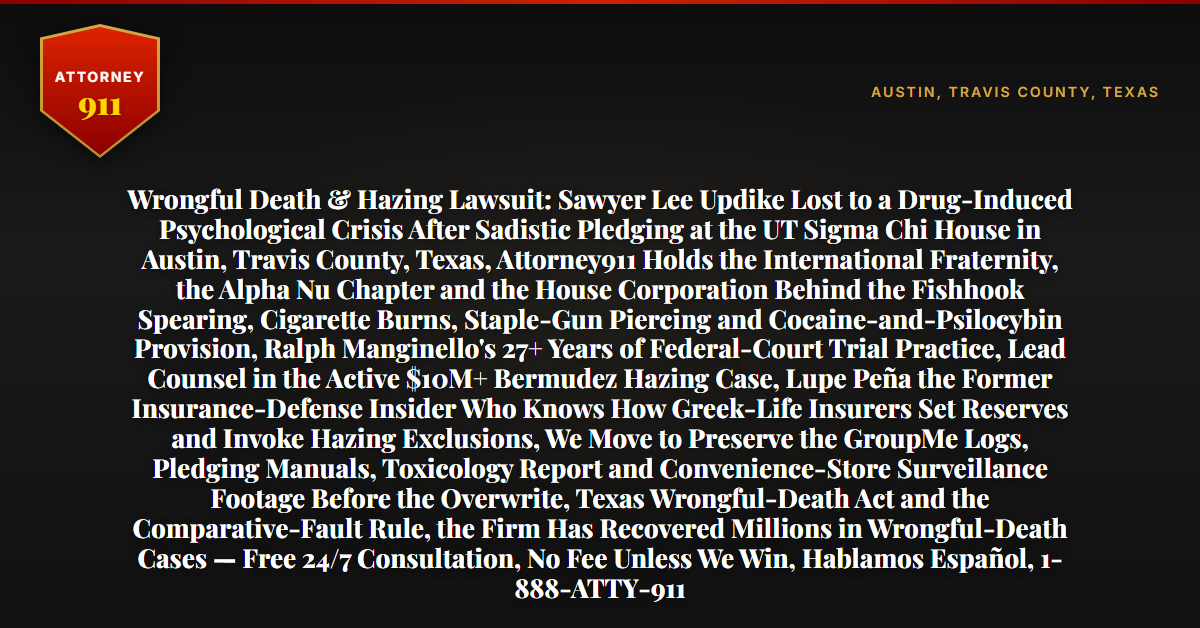Wrongful Death & Hazing Lawsuit: Sawyer Lee Updike Lost to a Drug-Induced Psychological Crisis After Sadistic Pledging at the UT Sigma Chi House in Austin, Travis County, Texas, Attorney911 Holds the International Fraternity, the Alpha Nu Chapter and the House Corporation Behind the Fishhook Spearing, Cigarette Burns, Staple-Gun Piercing and Cocaine-and-Psilocybin Provision, Ralph Manginello's 27+ Years of Federal-Court Trial Practice, Lead Counsel in the Active $10M+ Bermudez Hazing Case, Lupe Peña the Former Insurance-Defense Insider Who Knows How Greek-Life Insurers Set Reserves and Invoke Hazing Exclusions, We Move to Preserve the GroupMe Logs, Pledging Manuals, Toxicology Report and Convenience-Store Surveillance Footage Before the Overwrite, Texas Wrongful-Death Act and the Comparative-Fault Rule, the Firm Has Recovered Millions in Wrongful-Death Cases — Free 24/7 Consultation, No Fee Unless We Win, Hablamos Español, 1-888-ATTY-911 - Attorney911