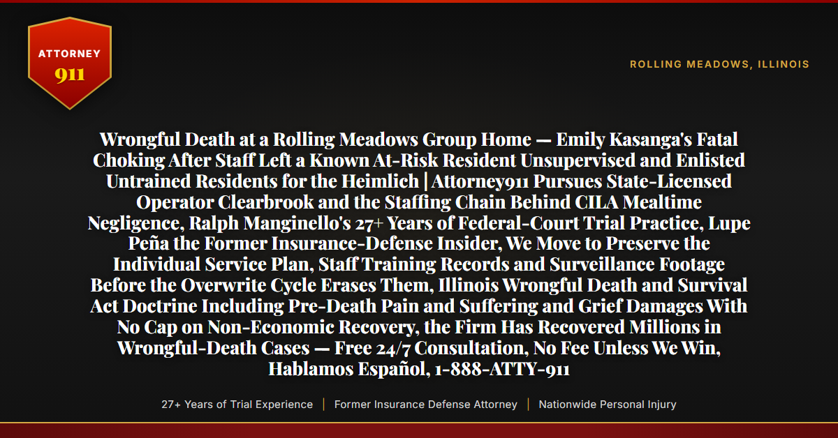 Wrongful Death at a Rolling Meadows Group Home — Emily Kasanga's Fatal Choking After Staff Left a Known At-Risk Resident Unsupervised and Enlisted Untrained Residents for the Heimlich | Attorney911 Pursues State-Licensed Operator Clearbrook and the Staffing Chain Behind CILA Mealtime Negligence, Ralph Manginello's 27+ Years of Federal-Court Trial Practice, Lupe Peña the Former Insurance-Defense Insider, We Move to Preserve the Individual Service Plan, Staff Training Records and Surveillance Footage Before the Overwrite Cycle Erases Them, Illinois Wrongful Death and Survival Act Doctrine Including Pre-Death Pain and Suffering and Grief Damages With No Cap on Non-Economic Recovery, the Firm Has Recovered Millions in Wrongful-Death Cases — Free 24/7 Consultation, No Fee Unless We Win, Hablamos Español, 1-888-ATTY-911 - Attorney911