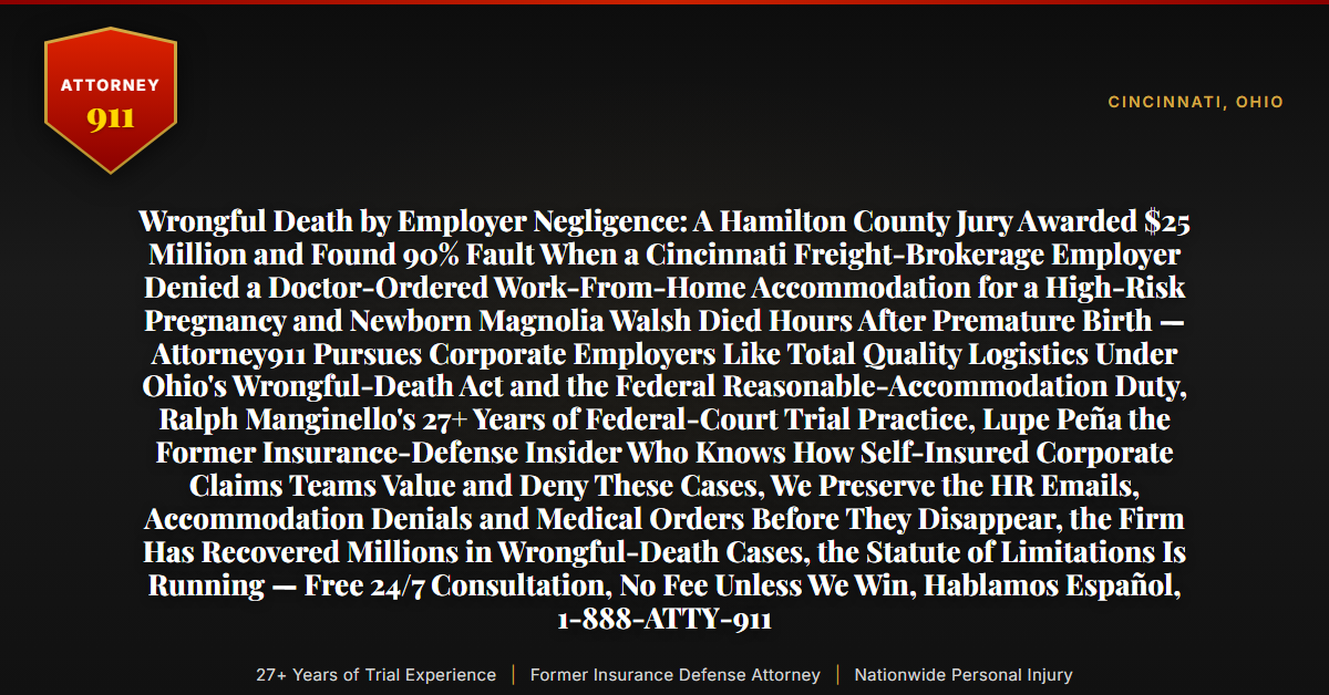 Wrongful Death by Employer Negligence: A Hamilton County Jury Awarded $25 Million and Found 90% Fault When a Cincinnati Freight-Brokerage Employer Denied a Doctor-Ordered Work-From-Home Accommodation for a High-Risk Pregnancy and Newborn Magnolia Walsh Died Hours After Premature Birth — Attorney911 Pursues Corporate Employers Like Total Quality Logistics Under Ohio's Wrongful-Death Act and the Federal Reasonable-Accommodation Duty, Ralph Manginello's 27+ Years of Federal-Court Trial Practice, Lupe Peña the Former Insurance-Defense Insider Who Knows How Self-Insured Corporate Claims Teams Value and Deny These Cases, We Preserve the HR Emails, Accommodation Denials and Medical Orders Before They Disappear, the Firm Has Recovered Millions in Wrongful-Death Cases, the Statute of Limitations Is Running — Free 24/7 Consultation, No Fee Unless We Win, Hablamos Español, 1-888-ATTY-911 - Attorney911