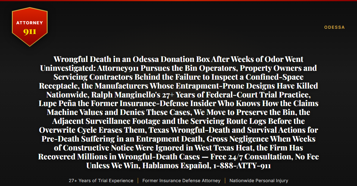 Wrongful Death in an Odessa Donation Box After Weeks of Odor Went Uninvestigated: Attorney911 Pursues the Bin Operators, Property Owners and Servicing Contractors Behind the Failure to Inspect a Confined-Space Receptacle, the Manufacturers Whose Entrapment-Prone Designs Have Killed Nationwide, Ralph Manginello's 27+ Years of Federal-Court Trial Practice, Lupe Peña the Former Insurance-Defense Insider Who Knows How the Claims Machine Values and Denies These Cases, We Move to Preserve the Bin, the Adjacent Surveillance Footage and the Servicing Route Logs Before the Overwrite Cycle Erases Them, Texas Wrongful-Death and Survival Actions for Pre-Death Suffering in an Entrapment Death, Gross Negligence When Weeks of Constructive Notice Were Ignored in West Texas Heat, the Firm Has Recovered Millions in Wrongful-Death Cases — Free 24/7 Consultation, No Fee Unless We Win, Hablamos Español, 1-888-ATTY-911 - Attorney911