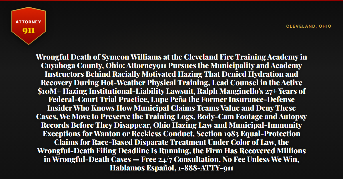 Wrongful Death of Symeon Williams at the Cleveland Fire Training Academy in Cuyahoga County, Ohio: Attorney911 Pursues the Municipality and Academy Instructors Behind Racially Motivated Hazing That Denied Hydration and Recovery During Hot-Weather Physical Training, Lead Counsel in the Active $10M+ Hazing Institutional-Liability Lawsuit, Ralph Manginello's 27+ Years of Federal-Court Trial Practice, Lupe Peña the Former Insurance-Defense Insider Who Knows How Municipal Claims Teams Value and Deny These Cases, We Move to Preserve the Training Logs, Body-Cam Footage and Autopsy Records Before They Disappear, Ohio Hazing Law and Municipal-Immunity Exceptions for Wanton or Reckless Conduct, Section 1983 Equal-Protection Claims for Race-Based Disparate Treatment Under Color of Law, the Wrongful-Death Filing Deadline Is Running, the Firm Has Recovered Millions in Wrongful-Death Cases — Free 24/7 Consultation, No Fee Unless We Win, Hablamos Español, 1-888-ATTY-911 - Attorney911