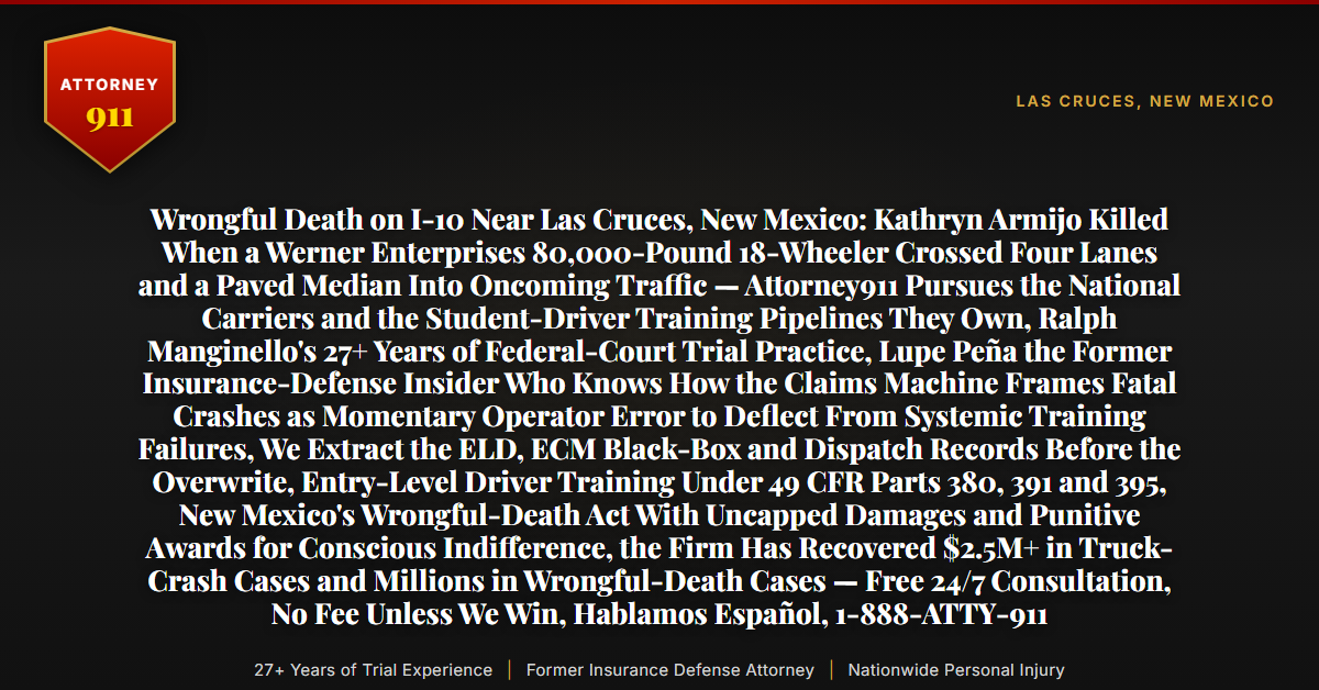 Wrongful Death on I-10 Near Las Cruces, New Mexico: Kathryn Armijo Killed When a Werner Enterprises 80,000-Pound 18-Wheeler Crossed Four Lanes and a Paved Median Into Oncoming Traffic — Attorney911 Pursues the National Carriers and the Student-Driver Training Pipelines They Own, Ralph Manginello's 27+ Years of Federal-Court Trial Practice, Lupe Peña the Former Insurance-Defense Insider Who Knows How the Claims Machine Frames Fatal Crashes as Momentary Operator Error to Deflect From Systemic Training Failures, We Extract the ELD, ECM Black-Box and Dispatch Records Before the Overwrite, Entry-Level Driver Training Under 49 CFR Parts 380, 391 and 395, New Mexico's Wrongful-Death Act With Uncapped Damages and Punitive Awards for Conscious Indifference, the Firm Has Recovered $2.5M+ in Truck-Crash Cases and Millions in Wrongful-Death Cases — Free 24/7 Consultation, No Fee Unless We Win, Hablamos Español, 1-888-ATTY-911 - Attorney911