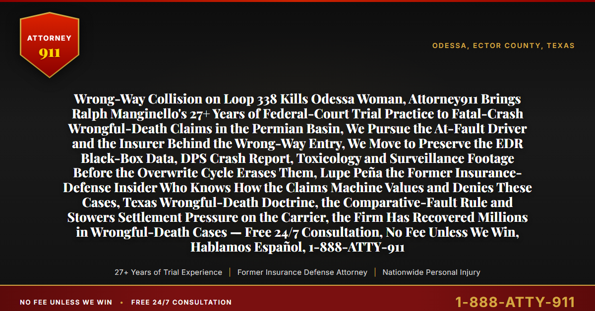 Wrong-Way Collision on Loop 338 Kills Odessa Woman, Attorney911 Brings Ralph Manginello's 27+ Years of Federal-Court Trial Practice to Fatal-Crash Wrongful-Death Claims in the Permian Basin, We Pursue the At-Fault Driver and the Insurer Behind the Wrong-Way Entry, We Move to Preserve the EDR Black-Box Data, DPS Crash Report, Toxicology and Surveillance Footage Before the Overwrite Cycle Erases Them, Lupe Peña the Former Insurance-Defense Insider Who Knows How the Claims Machine Values and Denies These Cases, Texas Wrongful-Death Doctrine, the Comparative-Fault Rule and Stowers Settlement Pressure on the Carrier, the Firm Has Recovered Millions in Wrongful-Death Cases — Free 24/7 Consultation, No Fee Unless We Win, Hablamos Español, 1-888-ATTY-911 - Attorney911