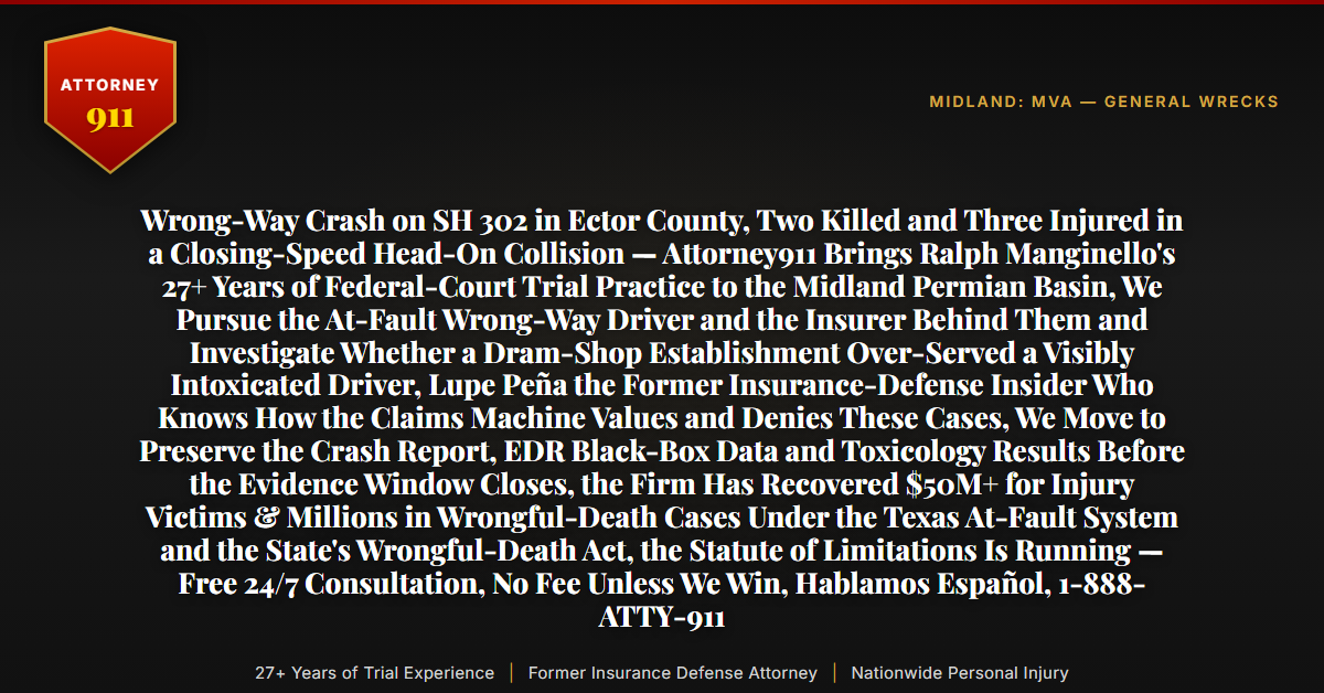 Wrong-Way Crash on SH 302 in Ector County, Two Killed and Three Injured in a Closing-Speed Head-On Collision — Attorney911 Brings Ralph Manginello's 27+ Years of Federal-Court Trial Practice to the Midland Permian Basin, We Pursue the At-Fault Wrong-Way Driver and the Insurer Behind Them and Investigate Whether a Dram-Shop Establishment Over-Served a Visibly Intoxicated Driver, Lupe Peña the Former Insurance-Defense Insider Who Knows How the Claims Machine Values and Denies These Cases, We Move to Preserve the Crash Report, EDR Black-Box Data and Toxicology Results Before the Evidence Window Closes, the Firm Has Recovered $50M+ for Injury Victims & Millions in Wrongful-Death Cases Under the Texas At-Fault System and the State's Wrongful-Death Act, the Statute of Limitations Is Running — Free 24/7 Consultation, No Fee Unless We Win, Hablamos Español, 1-888-ATTY-911 - Attorney911