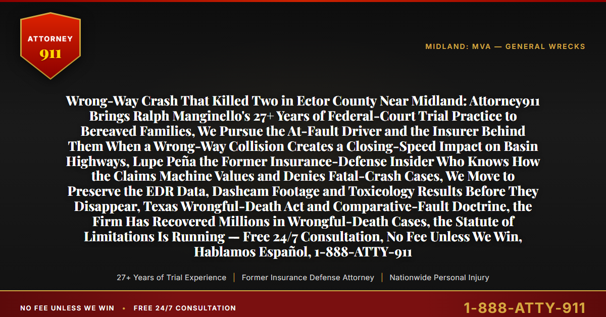 Wrong-Way Crash That Killed Two in Ector County Near Midland: Attorney911 Brings Ralph Manginello's 27+ Years of Federal-Court Trial Practice to Bereaved Families, We Pursue the At-Fault Driver and the Insurer Behind Them When a Wrong-Way Collision Creates a Closing-Speed Impact on Basin Highways, Lupe Peña the Former Insurance-Defense Insider Who Knows How the Claims Machine Values and Denies Fatal-Crash Cases, We Move to Preserve the EDR Data, Dashcam Footage and Toxicology Results Before They Disappear, Texas Wrongful-Death Act and Comparative-Fault Doctrine, the Firm Has Recovered Millions in Wrongful-Death Cases, the Statute of Limitations Is Running — Free 24/7 Consultation, No Fee Unless We Win, Hablamos Español, 1-888-ATTY-911 - Attorney911