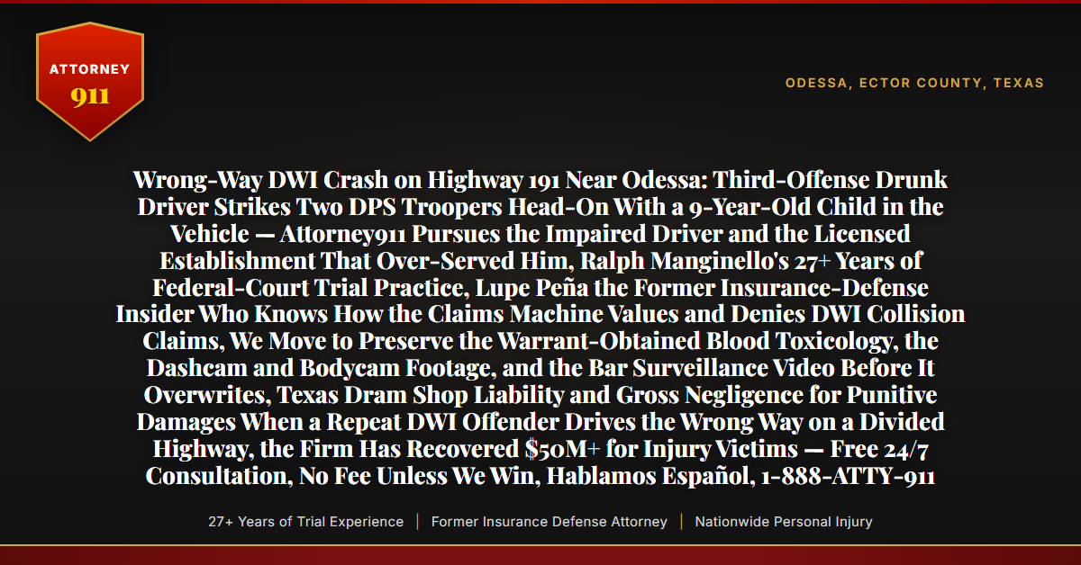 Wrong-Way DWI Crash on Highway 191 Near Odessa: Third-Offense Drunk Driver Strikes Two DPS Troopers Head-On With a 9-Year-Old Child in the Vehicle — Attorney911 Pursues the Impaired Driver and the Licensed Establishment That Over-Served Him, Ralph Manginello's 27+ Years of Federal-Court Trial Practice, Lupe Peña the Former Insurance-Defense Insider Who Knows How the Claims Machine Values and Denies DWI Collision Claims, We Move to Preserve the Warrant-Obtained Blood Toxicology, the Dashcam and Bodycam Footage, and the Bar Surveillance Video Before It Overwrites, Texas Dram Shop Liability and Gross Negligence for Punitive Damages When a Repeat DWI Offender Drives the Wrong Way on a Divided Highway, the Firm Has Recovered $50M+ for Injury Victims — Free 24/7 Consultation, No Fee Unless We Win, Hablamos Español, 1-888-ATTY-911 - Attorney911