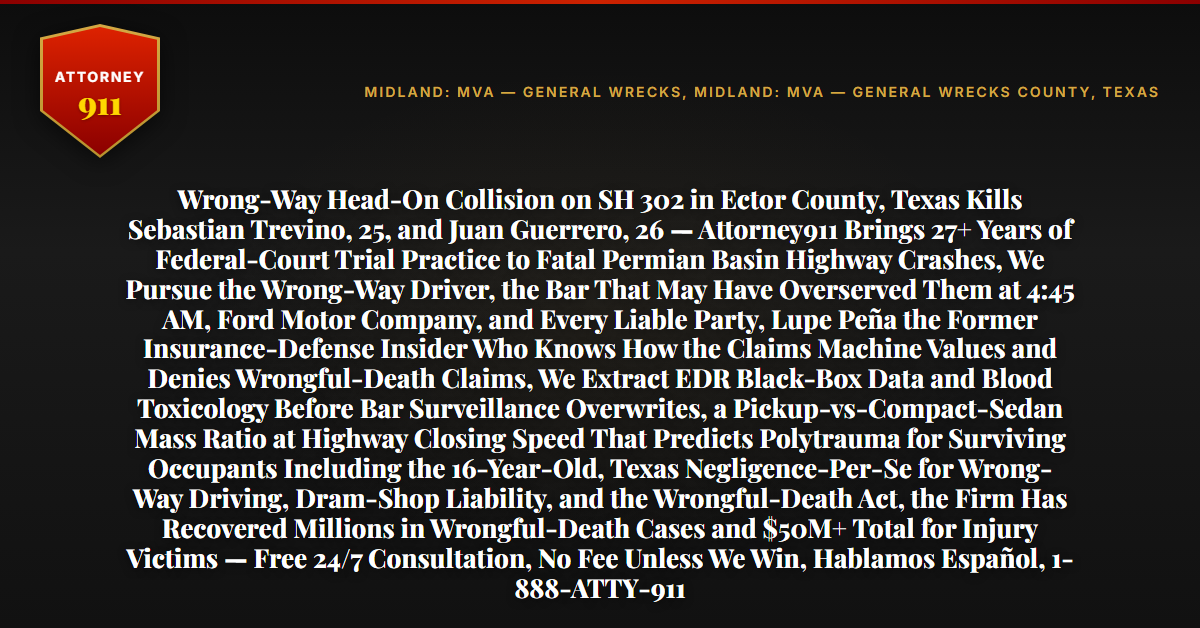 Wrong-Way Head-On Collision on SH 302 in Ector County, Texas Kills Sebastian Trevino, 25, and Juan Guerrero, 26 — Attorney911 Brings 27+ Years of Federal-Court Trial Practice to Fatal Permian Basin Highway Crashes, We Pursue the Wrong-Way Driver, the Bar That May Have Overserved Them at 4:45 AM, Ford Motor Company, and Every Liable Party, Lupe Peña the Former Insurance-Defense Insider Who Knows How the Claims Machine Values and Denies Wrongful-Death Claims, We Extract EDR Black-Box Data and Blood Toxicology Before Bar Surveillance Overwrites, a Pickup-vs-Compact-Sedan Mass Ratio at Highway Closing Speed That Predicts Polytrauma for Surviving Occupants Including the 16-Year-Old, Texas Negligence-Per-Se for Wrong-Way Driving, Dram-Shop Liability, and the Wrongful-Death Act, the Firm Has Recovered Millions in Wrongful-Death Cases and $50M+ Total for Injury Victims — Free 24/7 Consultation, No Fee Unless We Win, Hablamos Español, 1-888-ATTY-911 - Attorney911