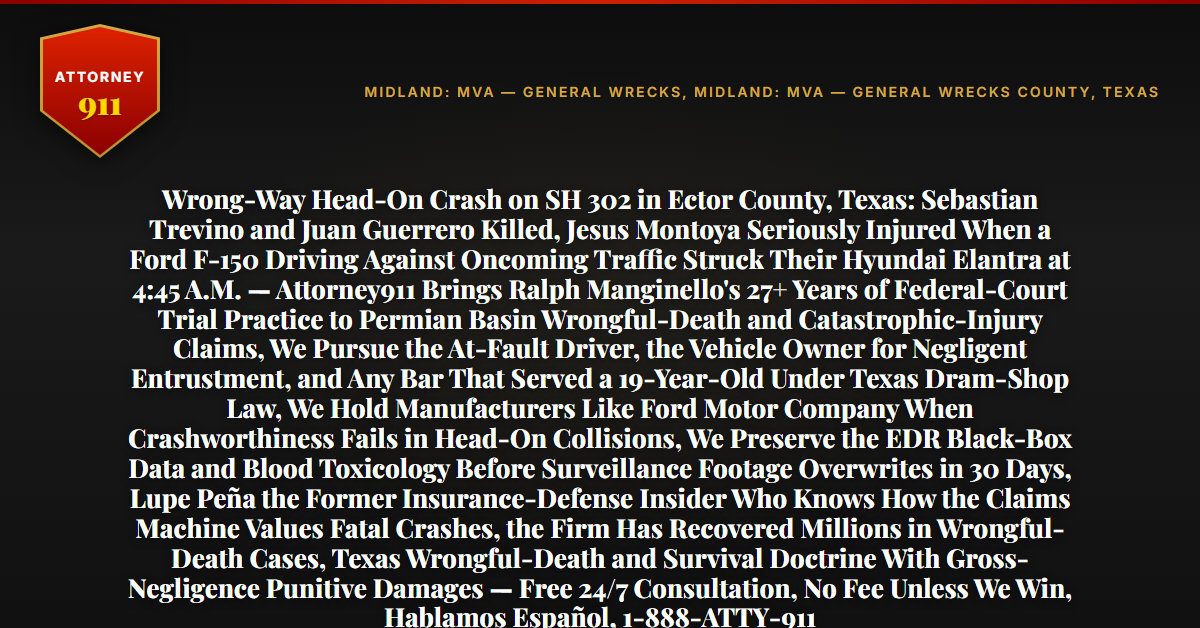 Wrong-Way Head-On Crash on SH 302 in Ector County, Texas: Sebastian Trevino and Juan Guerrero Killed, Jesus Montoya Seriously Injured When a Ford F-150 Driving Against Oncoming Traffic Struck Their Hyundai Elantra at 4:45 A.M. — Attorney911 Brings Ralph Manginello's 27+ Years of Federal-Court Trial Practice to Permian Basin Wrongful-Death and Catastrophic-Injury Claims, We Pursue the At-Fault Driver, the Vehicle Owner for Negligent Entrustment, and Any Bar That Served a 19-Year-Old Under Texas Dram-Shop Law, We Hold Manufacturers Like Ford Motor Company When Crashworthiness Fails in Head-On Collisions, We Preserve the EDR Black-Box Data and Blood Toxicology Before Surveillance Footage Overwrites in 30 Days, Lupe Peña the Former Insurance-Defense Insider Who Knows How the Claims Machine Values Fatal Crashes, the Firm Has Recovered Millions in Wrongful-Death Cases, Texas Wrongful-Death and Survival Doctrine With Gross-Negligence Punitive Damages — Free 24/7 Consultation, No Fee Unless We Win, Hablamos Español, 1-888-ATTY-911 - Attorney911