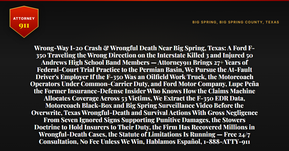 Wrong-Way I-20 Crash & Wrongful Death Near Big Spring, Texas: A Ford F-350 Traveling the Wrong Direction on the Interstate Killed 3 and Injured 50 Andrews High School Band Members — Attorney911 Brings 27+ Years of Federal-Court Trial Practice to the Permian Basin, We Pursue the At-Fault Driver's Employer If the F-350 Was an Oilfield Work Truck, the Motorcoach Operators Under Common-Carrier Duty, and Ford Motor Company, Lupe Peña the Former Insurance-Defense Insider Who Knows How the Claims Machine Allocates Coverage Across 53 Victims, We Extract the F-350 EDR Data, Motorcoach Black-Box and Big Spring Surveillance Video Before the Overwrite, Texas Wrongful-Death and Survival Actions With Gross Negligence From Seven Ignored Signs Supporting Punitive Damages, the Stowers Doctrine to Hold Insurers to Their Duty, the Firm Has Recovered Millions in Wrongful-Death Cases, the Statute of Limitations Is Running — Free 24/7 Consultation, No Fee Unless We Win, Hablamos Español, 1-888-ATTY-911 - Attorney911