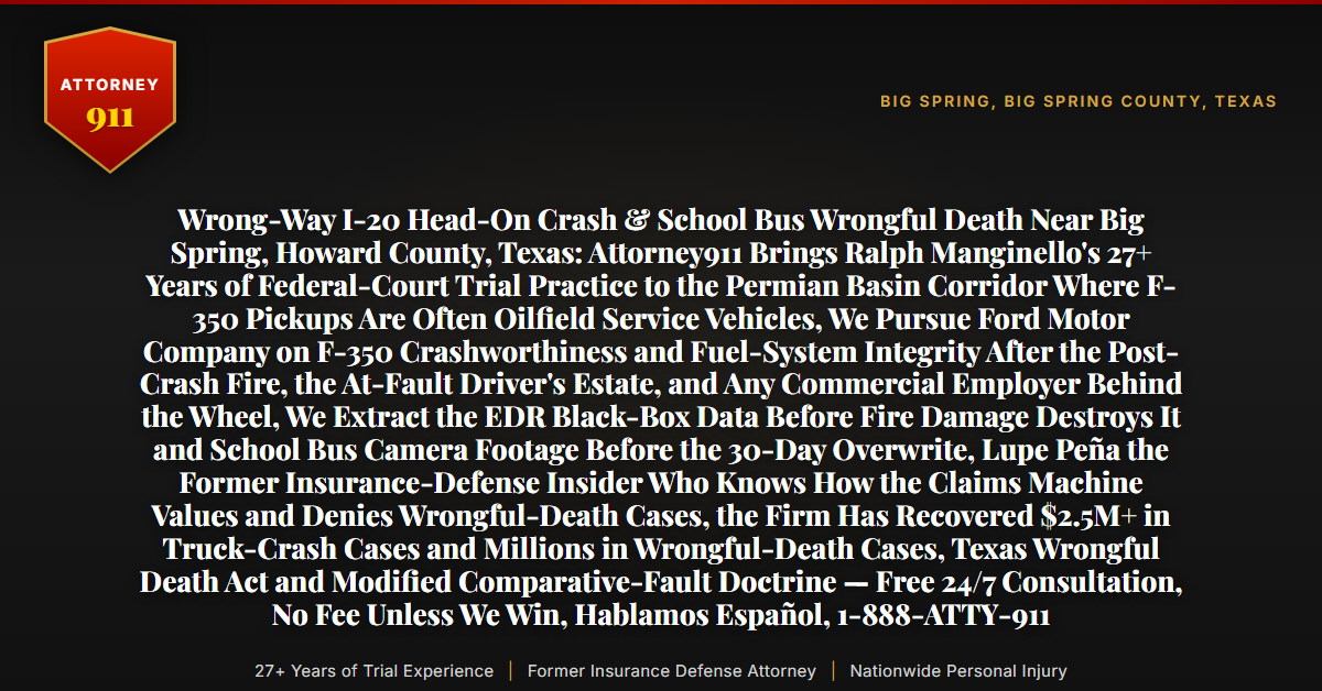Wrong-Way I-20 Head-On Crash & School Bus Wrongful Death Near Big Spring, Howard County, Texas: Attorney911 Brings Ralph Manginello's 27+ Years of Federal-Court Trial Practice to the Permian Basin Corridor Where F-350 Pickups Are Often Oilfield Service Vehicles, We Pursue Ford Motor Company on F-350 Crashworthiness and Fuel-System Integrity After the Post-Crash Fire, the At-Fault Driver's Estate, and Any Commercial Employer Behind the Wheel, We Extract the EDR Black-Box Data Before Fire Damage Destroys It and School Bus Camera Footage Before the 30-Day Overwrite, Lupe Peña the Former Insurance-Defense Insider Who Knows How the Claims Machine Values and Denies Wrongful-Death Cases, the Firm Has Recovered $2.5M+ in Truck-Crash Cases and Millions in Wrongful-Death Cases, Texas Wrongful Death Act and Modified Comparative-Fault Doctrine — Free 24/7 Consultation, No Fee Unless We Win, Hablamos Español, 1-888-ATTY-911 - Attorney911
